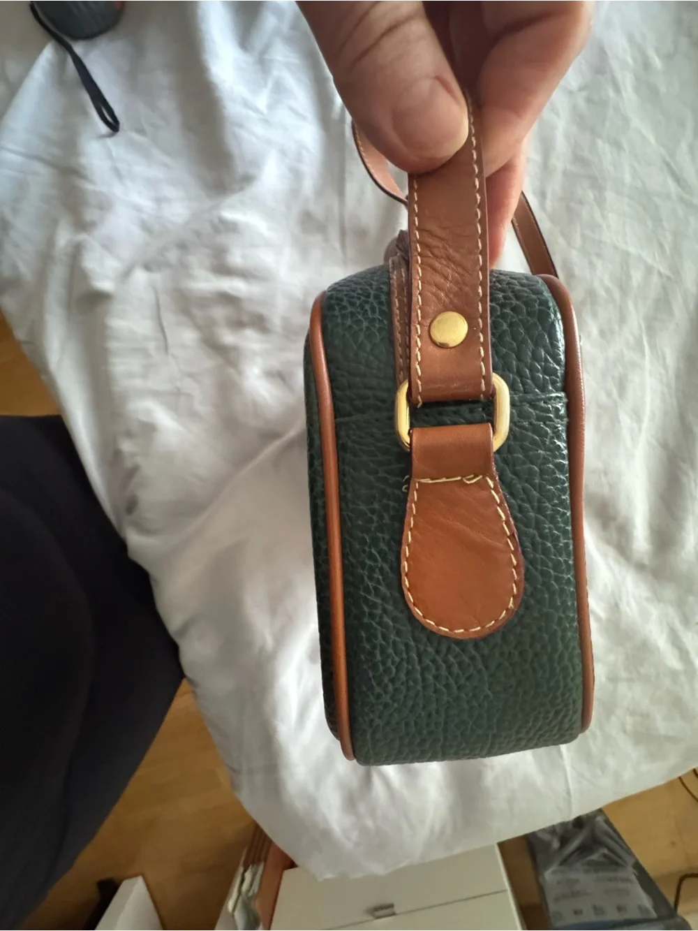 Green Pebbled Leather Crossbody Bag, Tan trim, authentic Braciano Italy classic